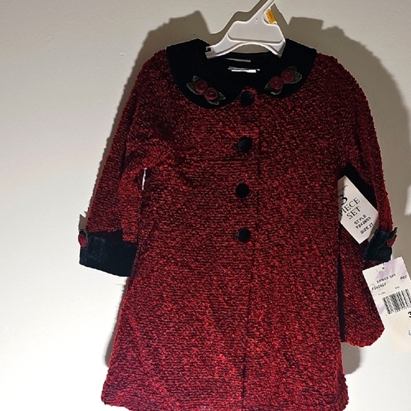 Girls' Red Textured Coat And Velvet Dress W/Hat‎ with Floral Accents SZ 3T NWT - Picture 1 of 14